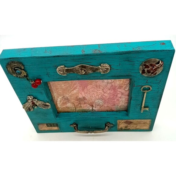 Unique Wooden Junk Art Frame Turquoise Crackle Paint Travel Theme Print Picture - Picture 2 of 8